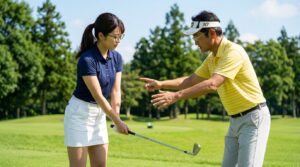 ラウンドレッスンを千葉で受けている時に構え方のアドバイスを聞いている画像