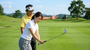 ラウンドレッスンを千葉のゴルフ場で受けている女性の画像