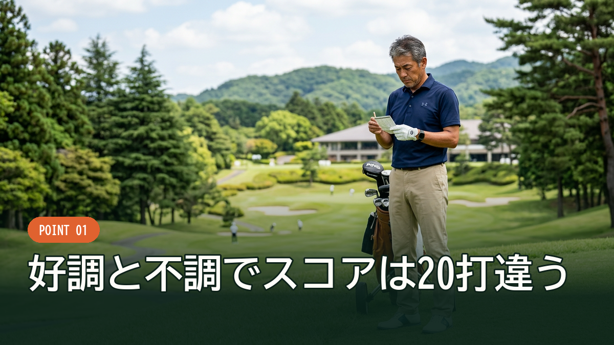 スコアカードを手に一打の結果を見つめるゴルファー