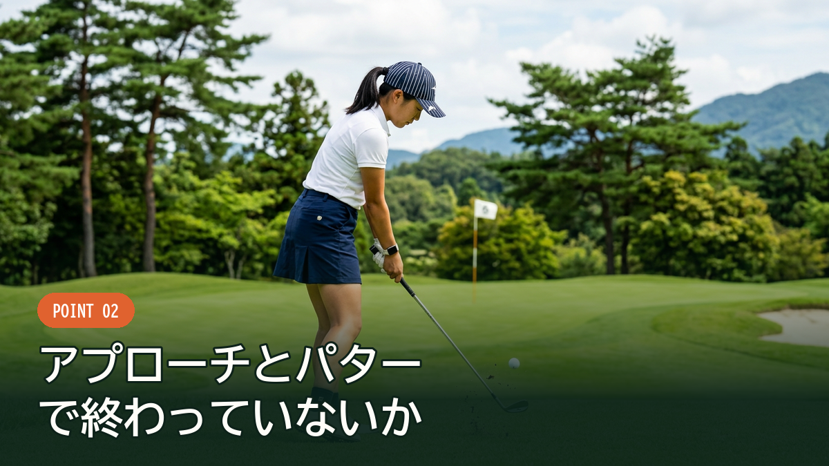 グリーン周りのアプローチ練習に励むゴルファー