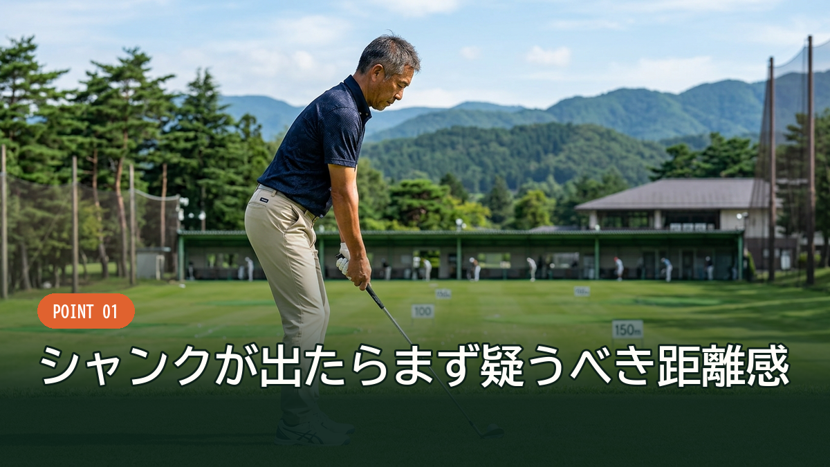 アドレスでのボールと体の距離を確認する場面