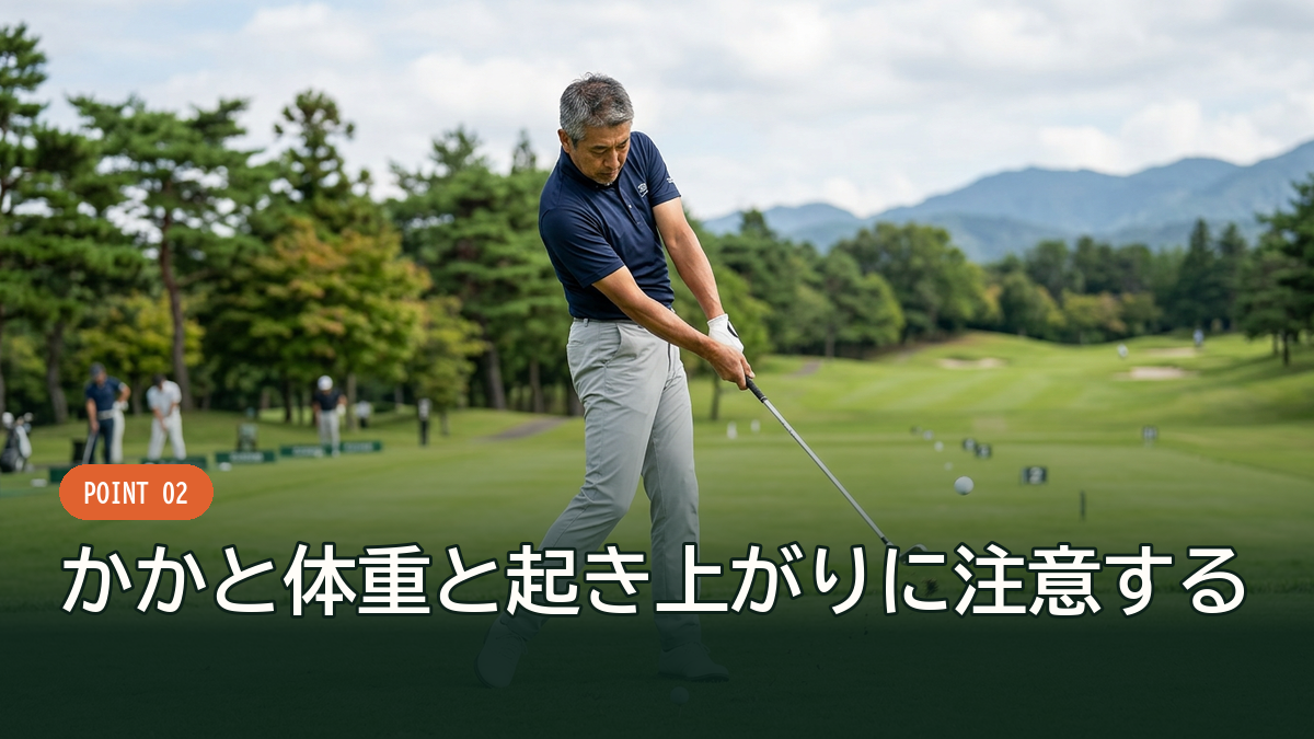 前傾姿勢をキープしたままインパクトを迎える様子