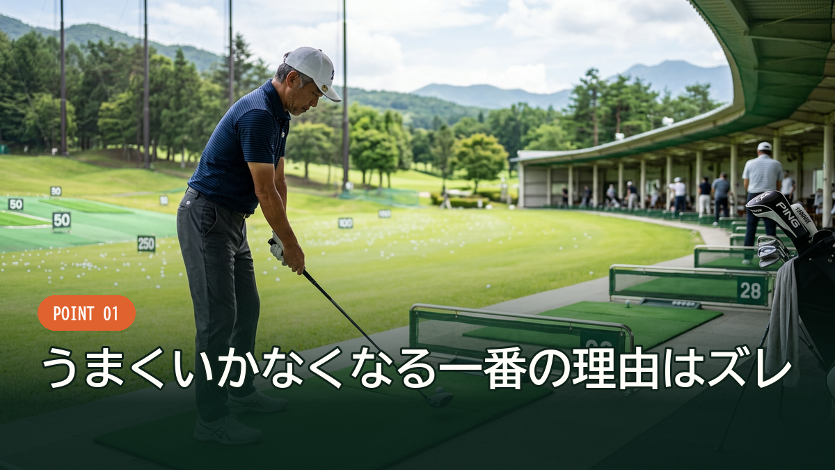 練習場でスイングの感覚を確かめるゴルファー